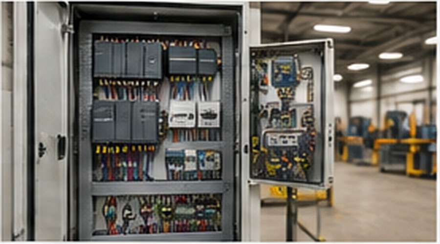 Open PLC control panel inside a manufacturing facility